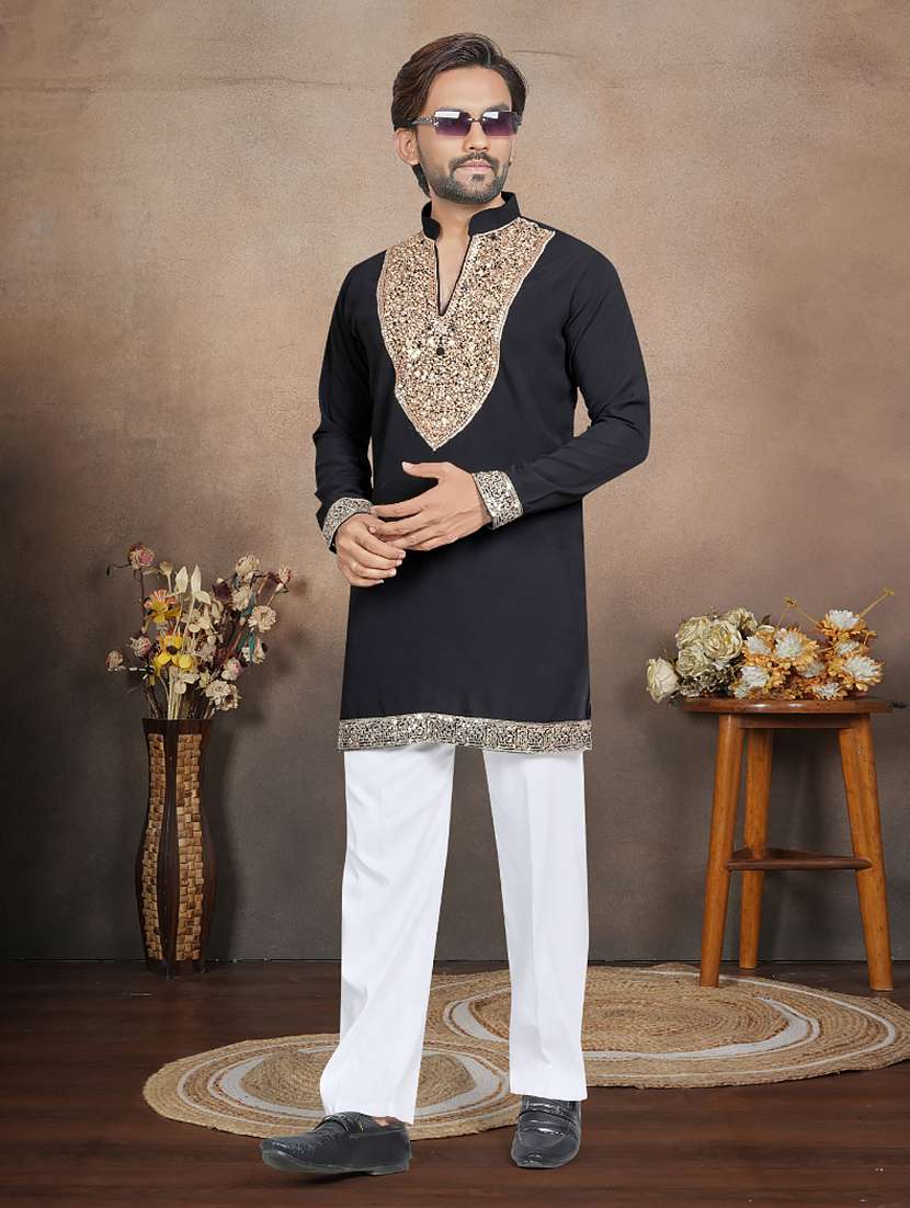 men solid with work mandarin neck short kurta