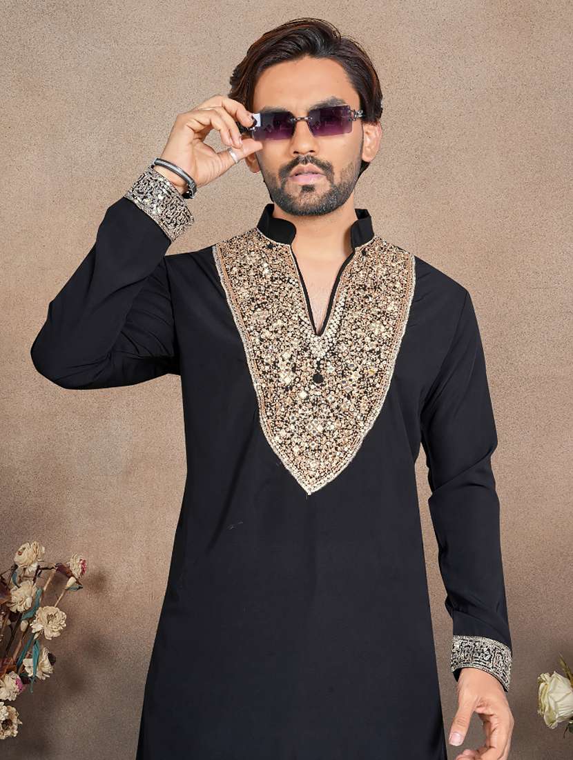men solid with work mandarin neck short kurta - 22595274 -  Standard Image - 1