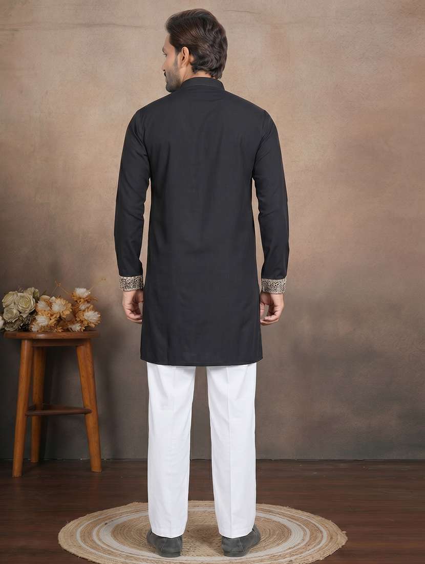 men solid with work mandarin neck short kurta - 22595274 -  Standard Image - 4