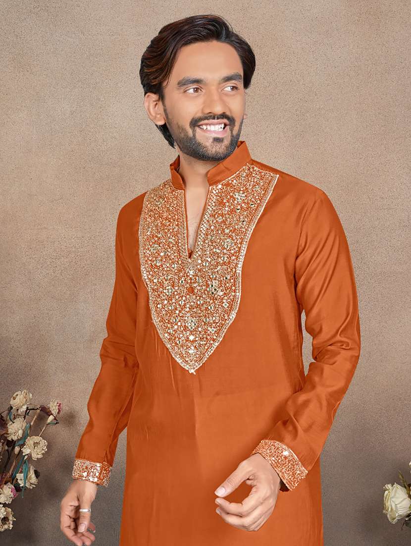 men solid with work mandarin neck short kurta - 22595275 -  Standard Image - 1