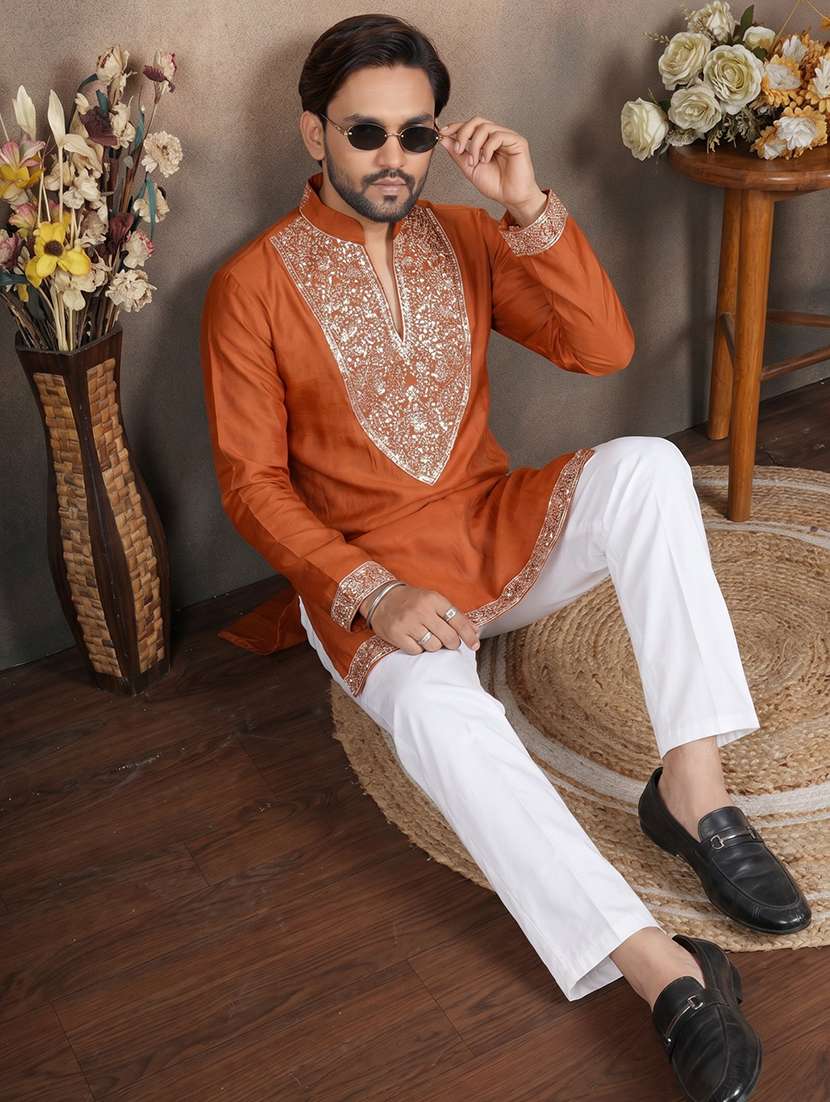 men solid with work mandarin neck short kurta - 22595275 -  Standard Image - 4