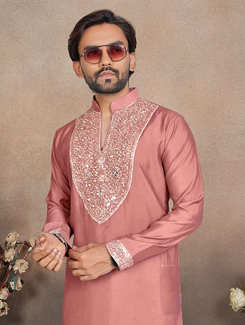 men solid with work mandarin neck short kurta - 22595276 -  Standard Image - 1