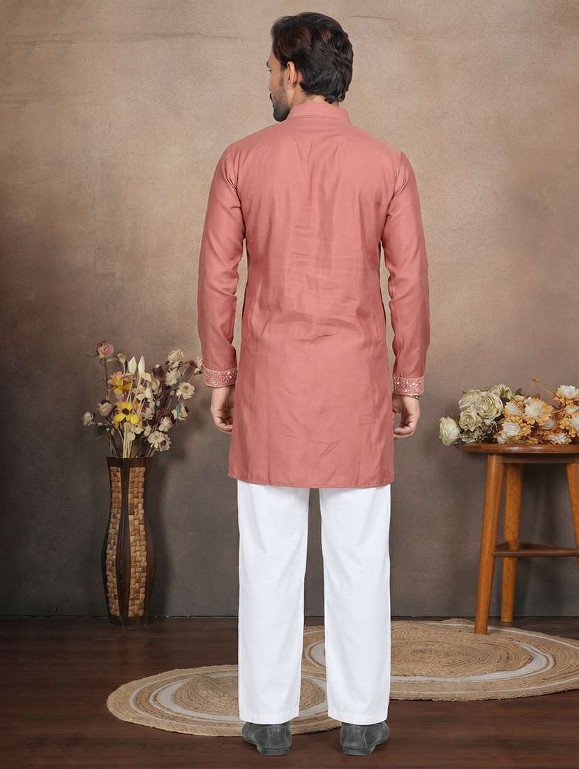 men solid with work mandarin neck short kurta - 22595276 -  Standard Image - 4