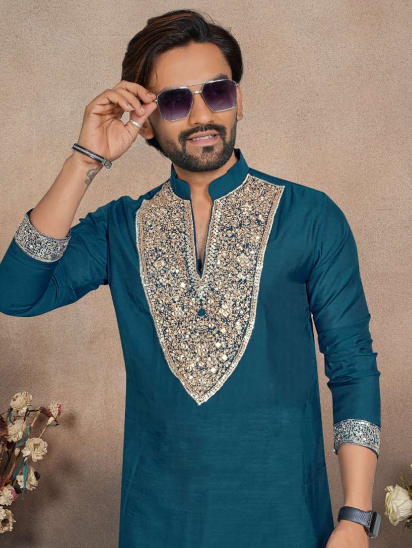 men solid with work mandarin neck short kurta - 22595277 -  Standard Image - 1