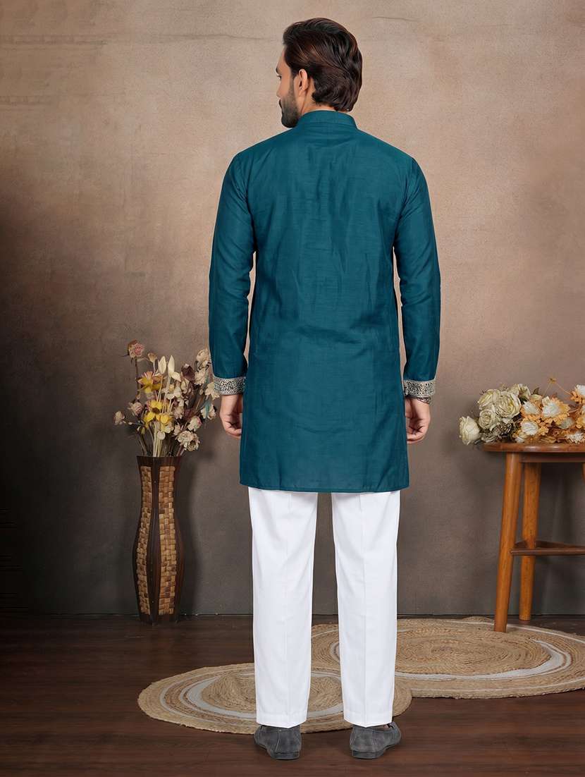 men solid with work mandarin neck short kurta - 22595277 -  Standard Image - 4