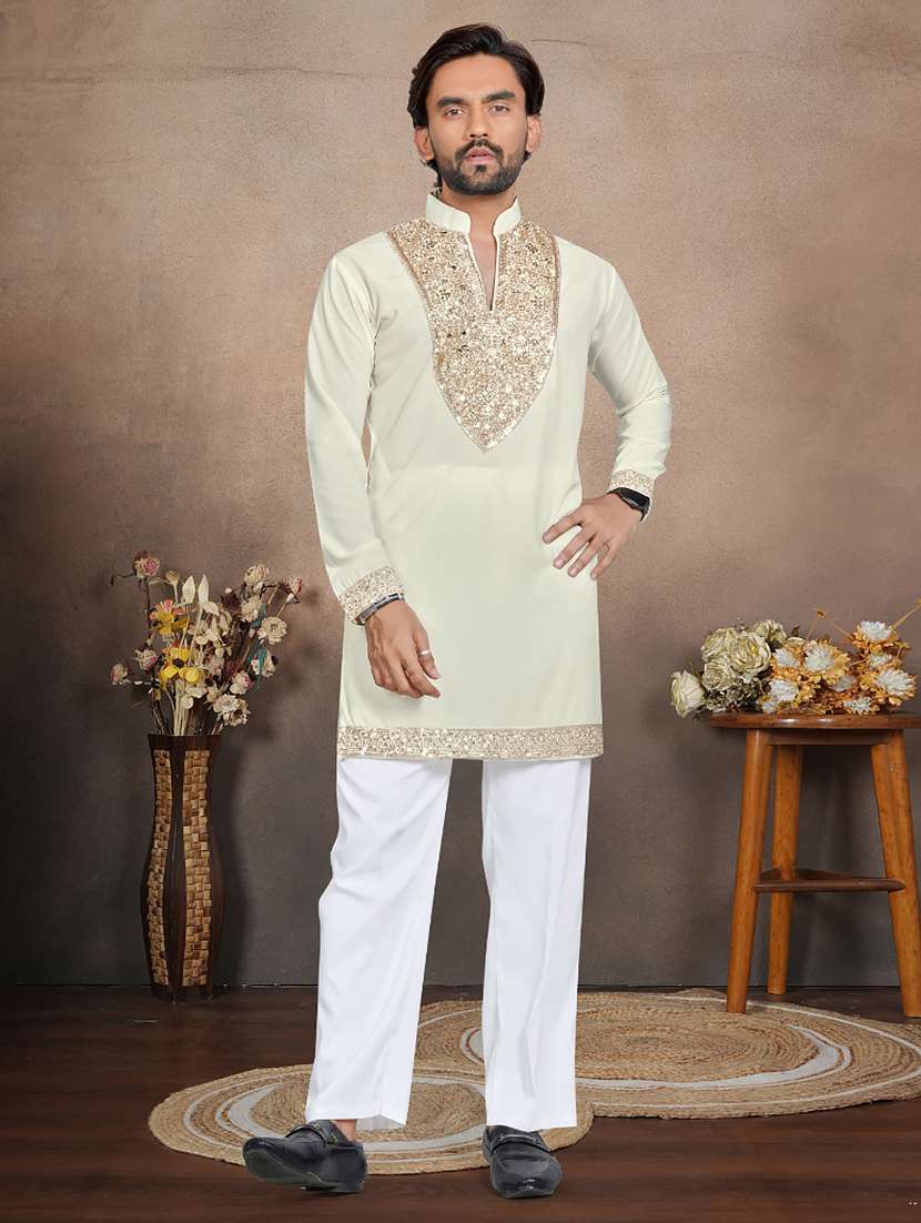 men solid with work mandarin neck short kurta