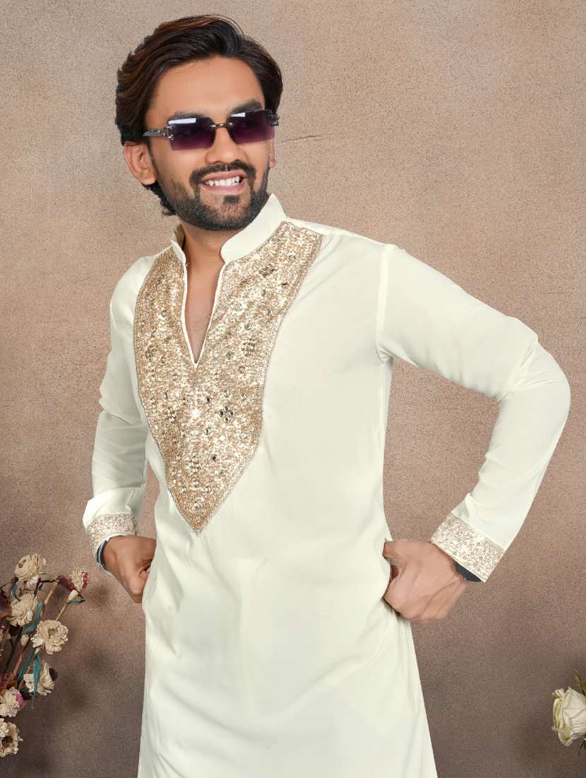 men solid with work mandarin neck short kurta - 22595278 -  Standard Image - 1