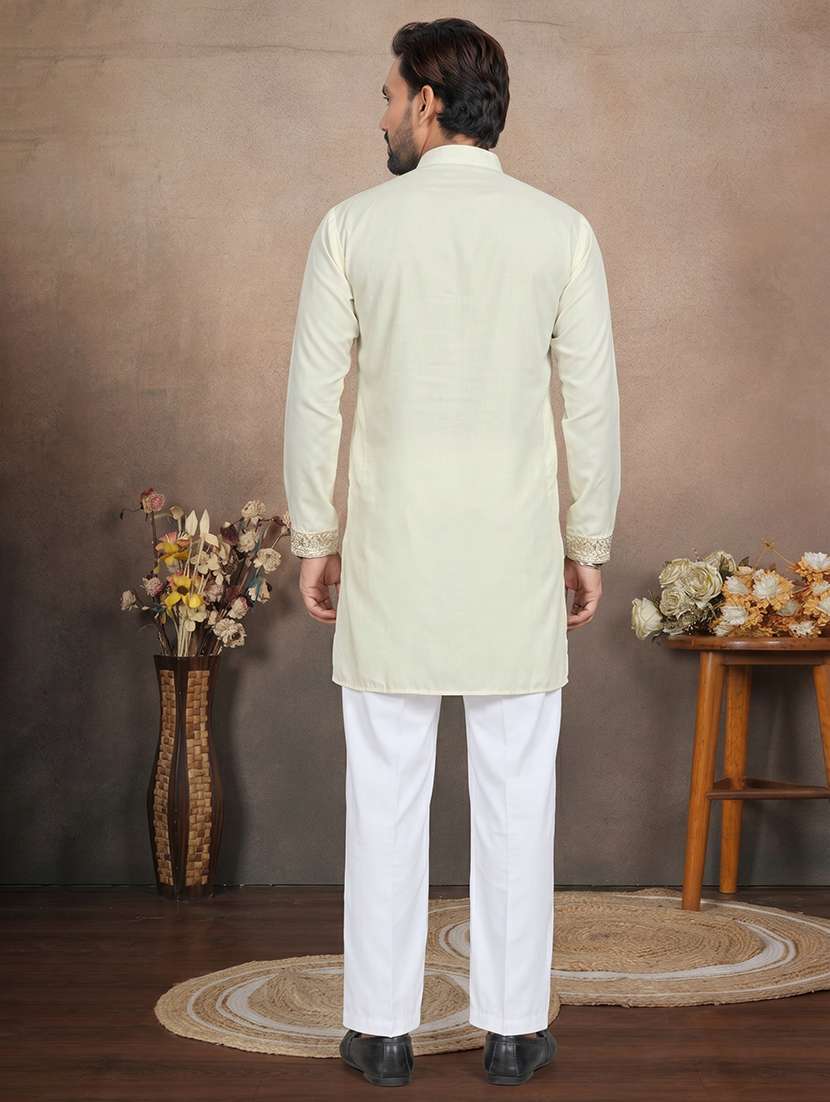 men solid with work mandarin neck short kurta - 22595278 -  Standard Image - 4