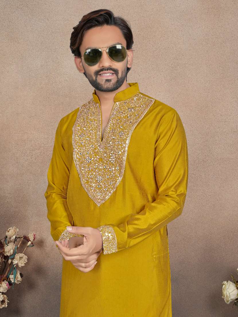men solid with work mandarin neck short kurta - 22595279 -  Standard Image - 1