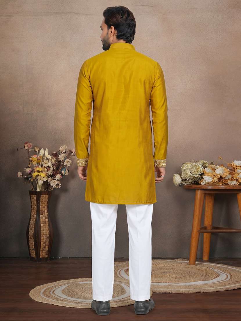 men solid with work mandarin neck short kurta - 22595279 -  Standard Image - 4