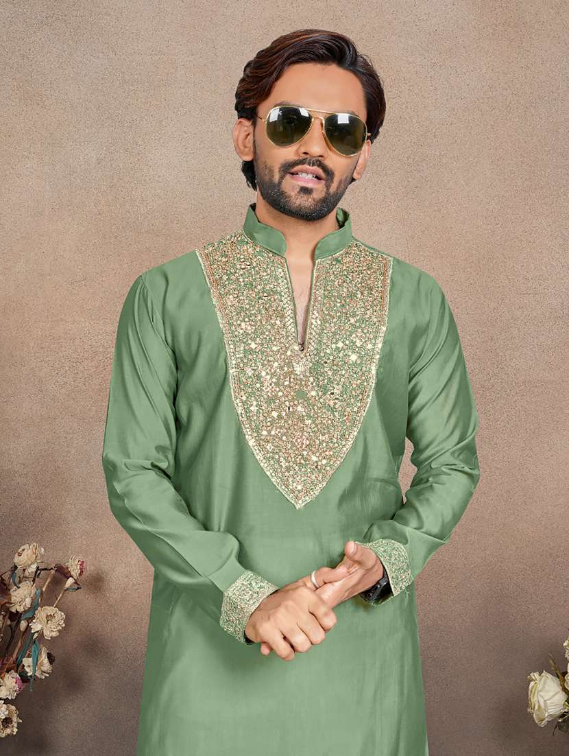 men solid with work mandarin neck short kurta - 22595280 -  Standard Image - 1