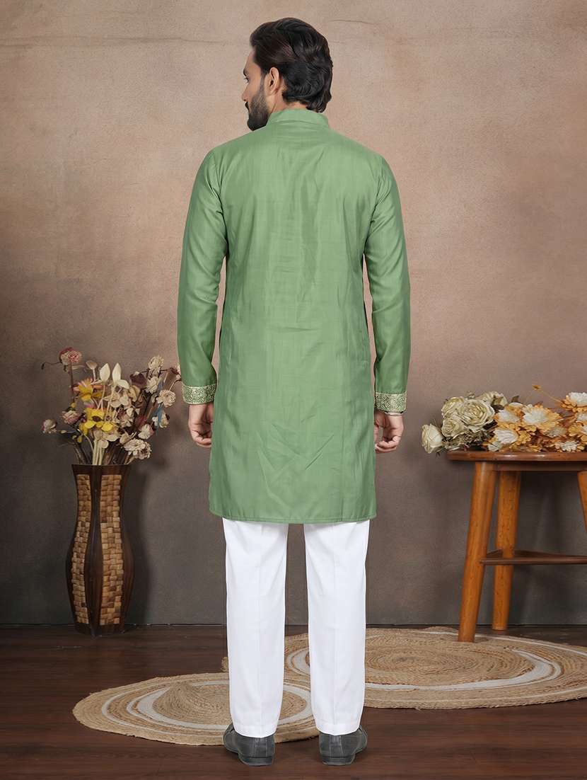 men solid with work mandarin neck short kurta - 22595280 -  Standard Image - 4