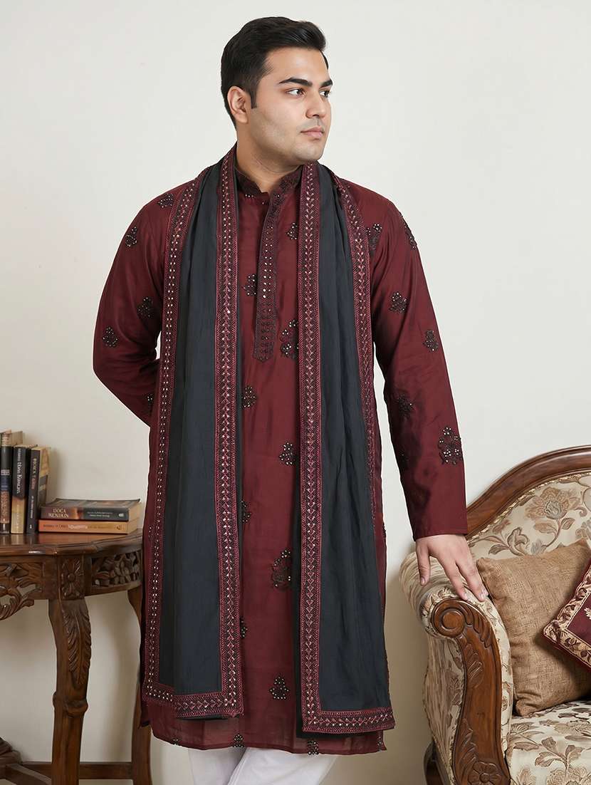 Men Solid With Work Mandarin Neck Kurta Pyjama With Dupatta Set - 22595357 -  Standard Image - 1