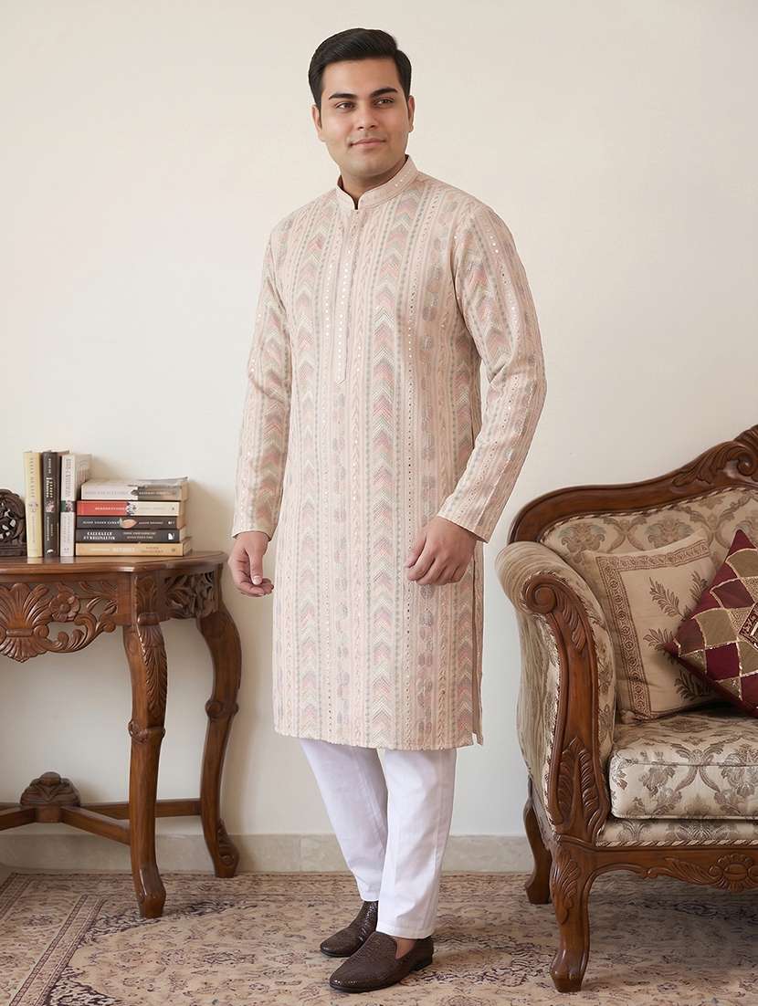 men solid with work mandarin neck kurta pyjama set