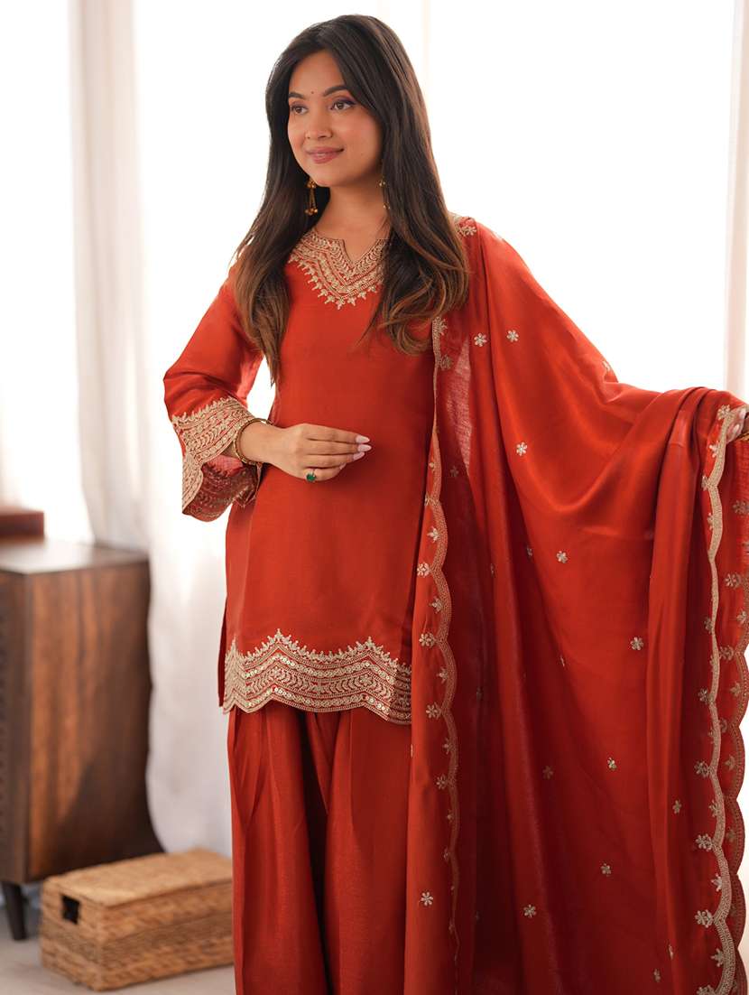 women embroidered three quarter sleeves kurta salwar set with dupatta - 22595382 -  Standard Image - 1