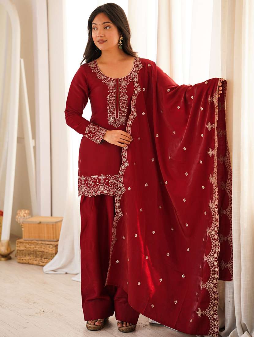 women embroidered three quarter sleeves kurta farshi salwar set with dupatta - 22595383 -  Standard Image - 1