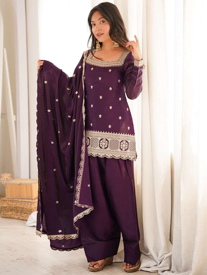 women embroidered long sleeves kurta farshi salwar set with dupatta