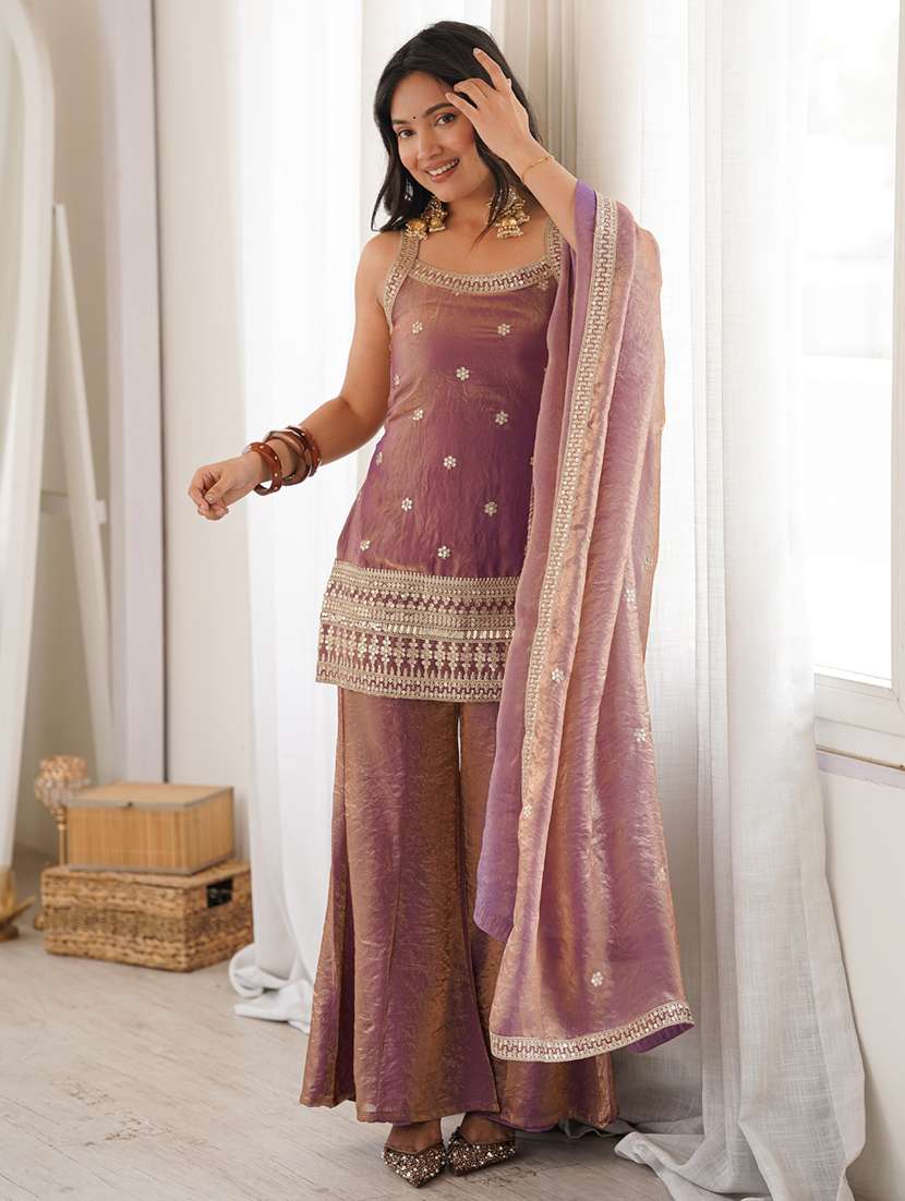 women embroidered sleeveless kurta palazzo set with dupatta