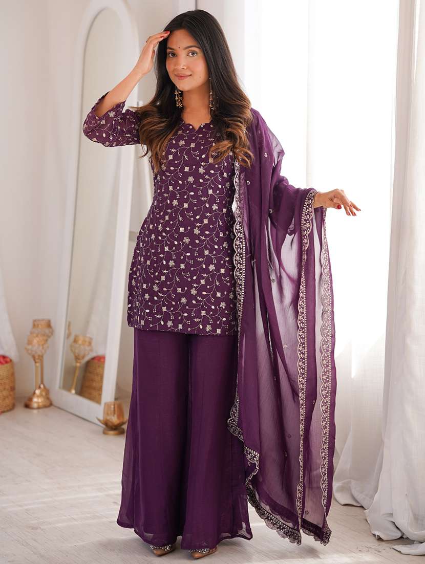 women embroidered three quarter sleeves kurta palazzo set with dupatta - 22595390 -  Standard Image - 1