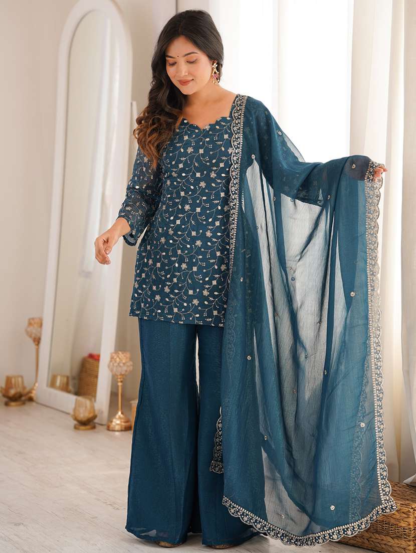 women embroidered three quarter sleeves kurta palazzo set with dupatta - 22595391 -  Standard Image - 1