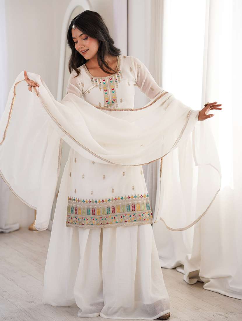women embroidered long sleeves kurta palazzo set with dupatta