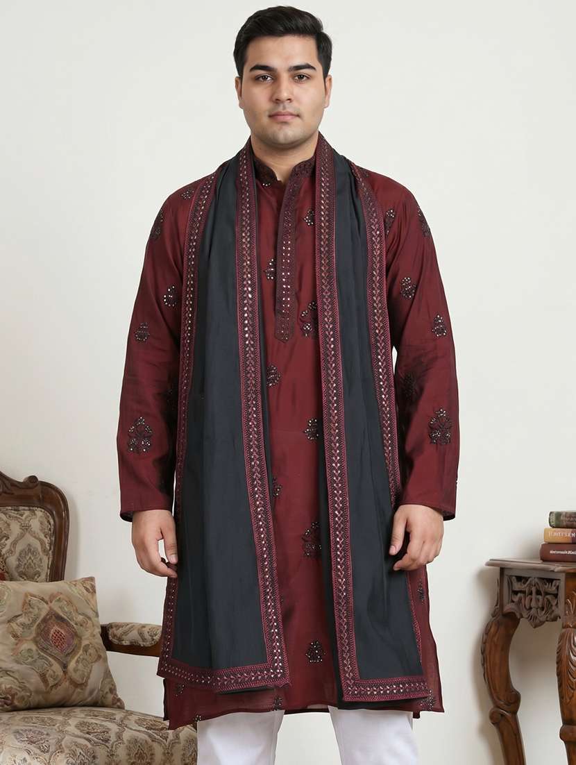 men solid with work mandarin neck long kurta - 22595418 -  Standard Image - 1