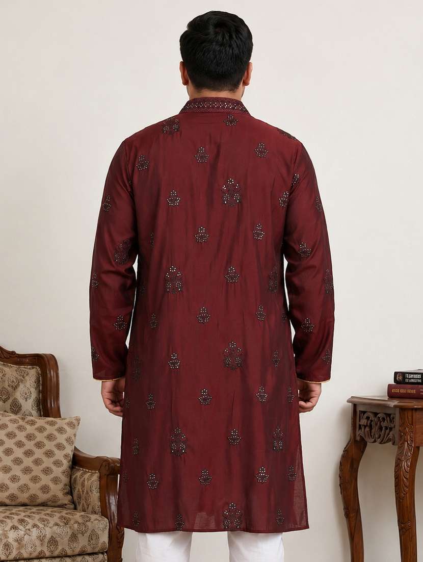 men solid with work mandarin neck long kurta - 22595418 -  Standard Image - 4