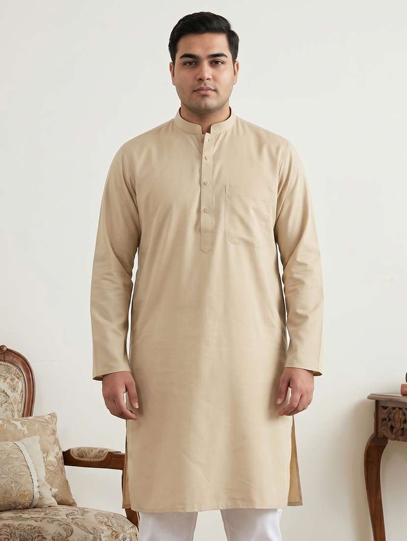 Men Solid Mandarin Neck Long Kurta - 22595424 -  Standard Image - 1