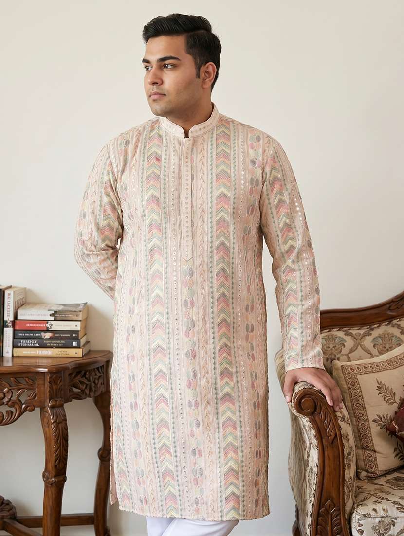 men solid with work mandarin neck long kurta - 22595430 -  Standard Image - 1