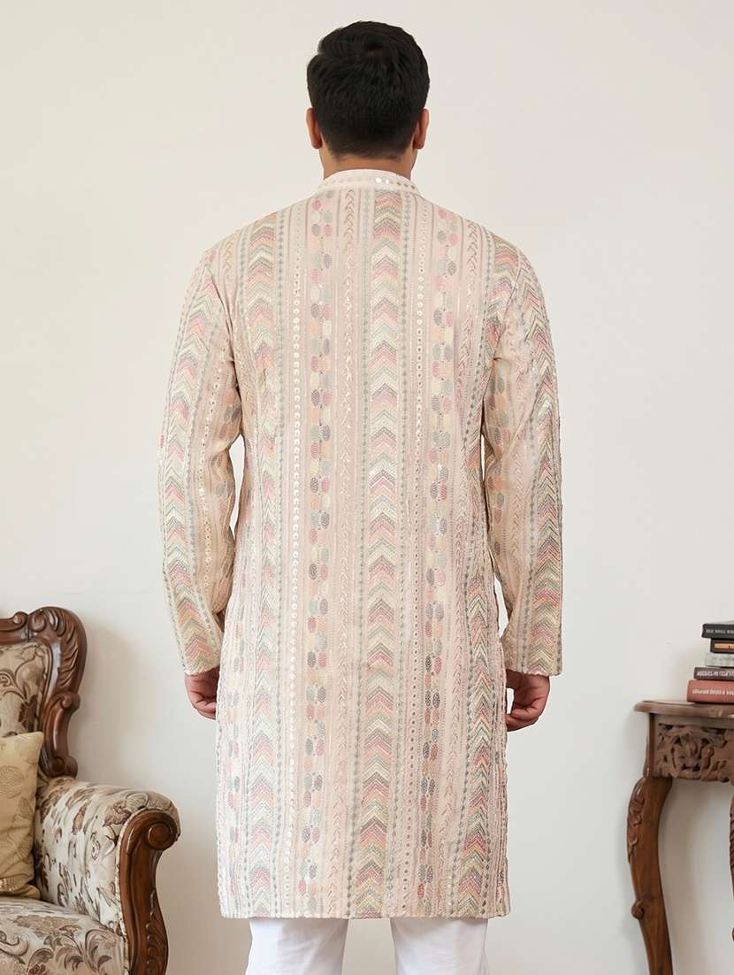 men solid with work mandarin neck long kurta - 22595430 -  Standard Image - 4