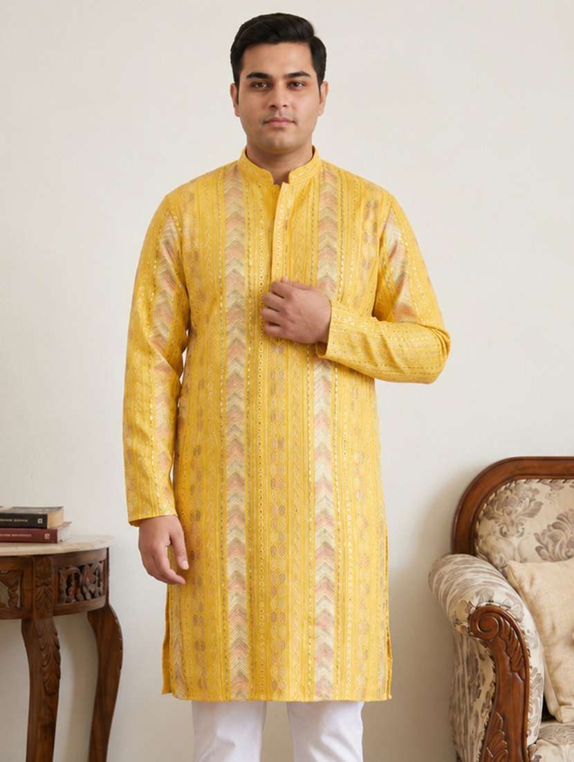 men solid with work mandarin neck long kurta - 22595431 -  Standard Image - 1