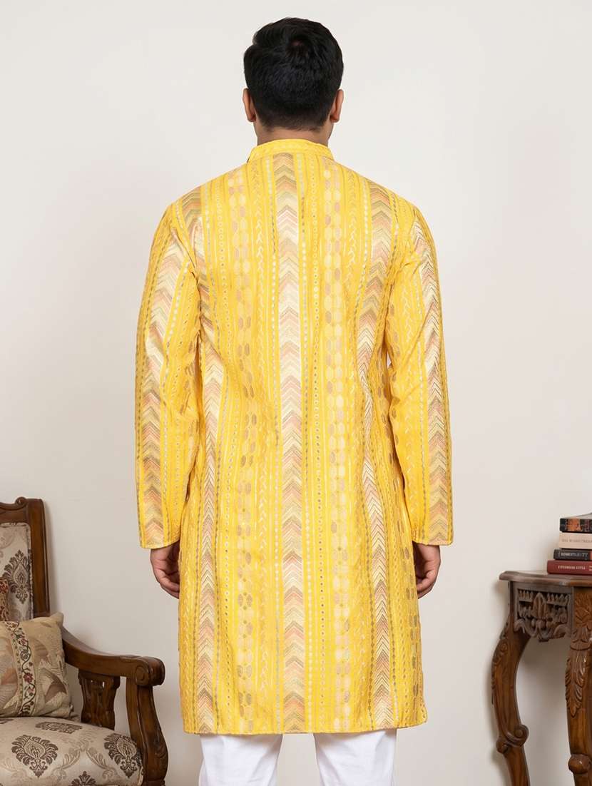 men solid with work mandarin neck long kurta - 22595431 -  Standard Image - 4