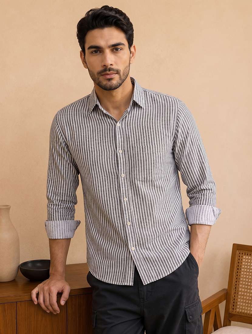men striped long sleeve regular fit casual shirt
