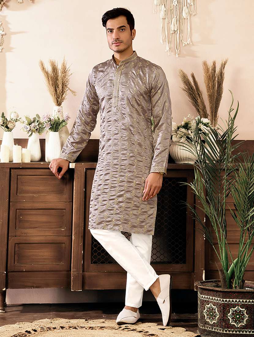 men solid with work mandarin neck kurta pyjama set