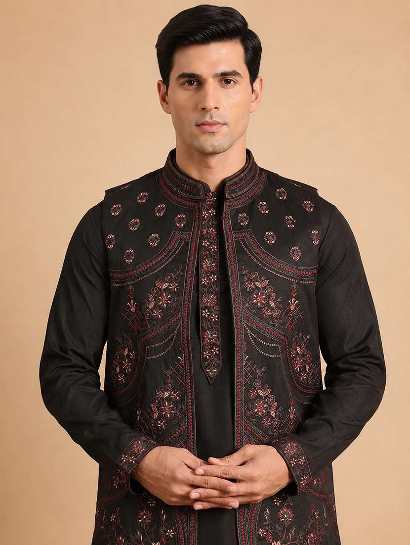 Men Solid With Work Mandarin Neck Kurta Pyjama With Jacket Set - 22595790 -  Standard Image - 1