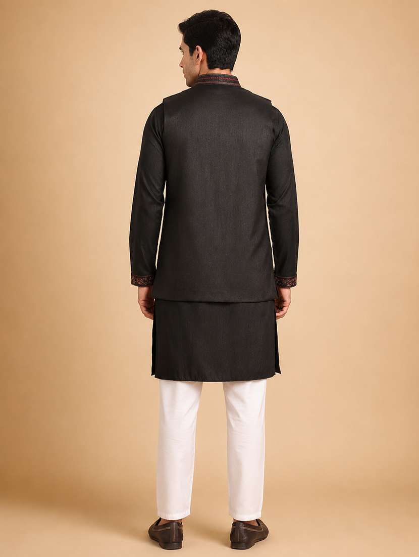 Men Solid With Work Mandarin Neck Kurta Pyjama With Jacket Set - 22595790 -  Standard Image - 4
