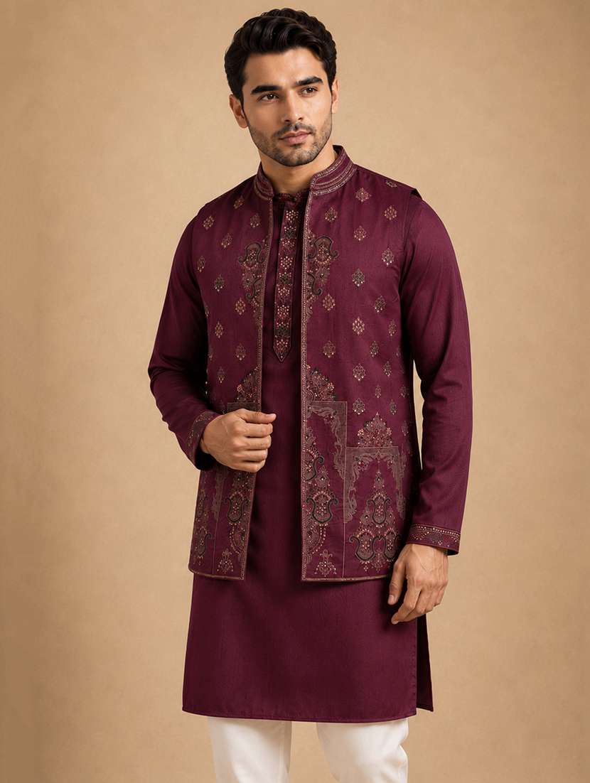 Men Solid With Work Mandarin Neck Kurta Pyjama With Jacket Set - 22595792 -  Standard Image - 1