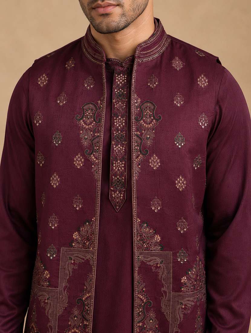 Men Solid With Work Mandarin Neck Kurta Pyjama With Jacket Set - 22595792 -  Standard Image - 4