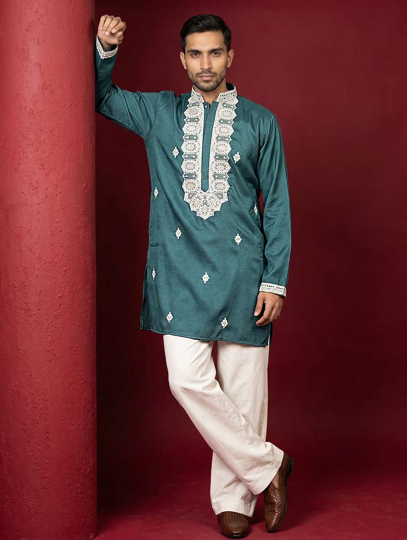 Men Solid With Work Mandarin Neck Kurta Pyjama Set - 22595853 -  Standard Image - 1