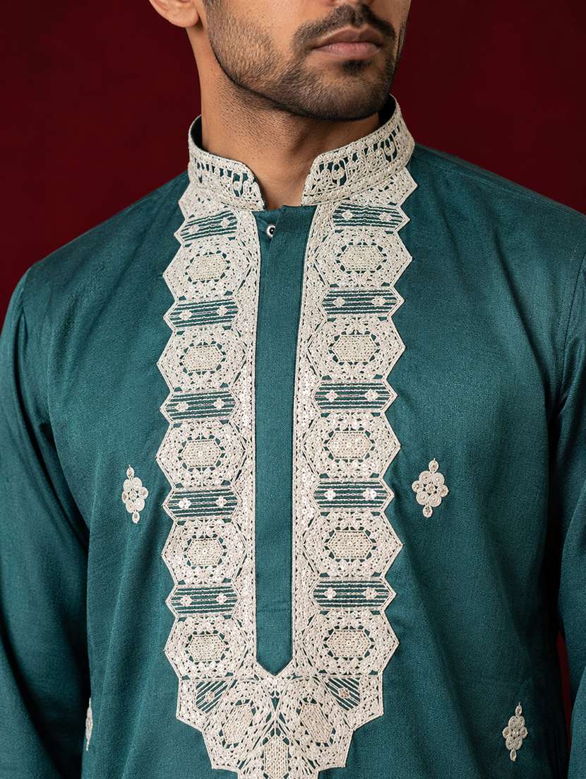 Men Solid With Work Mandarin Neck Kurta Pyjama Set - 22595853 -  Standard Image - 4