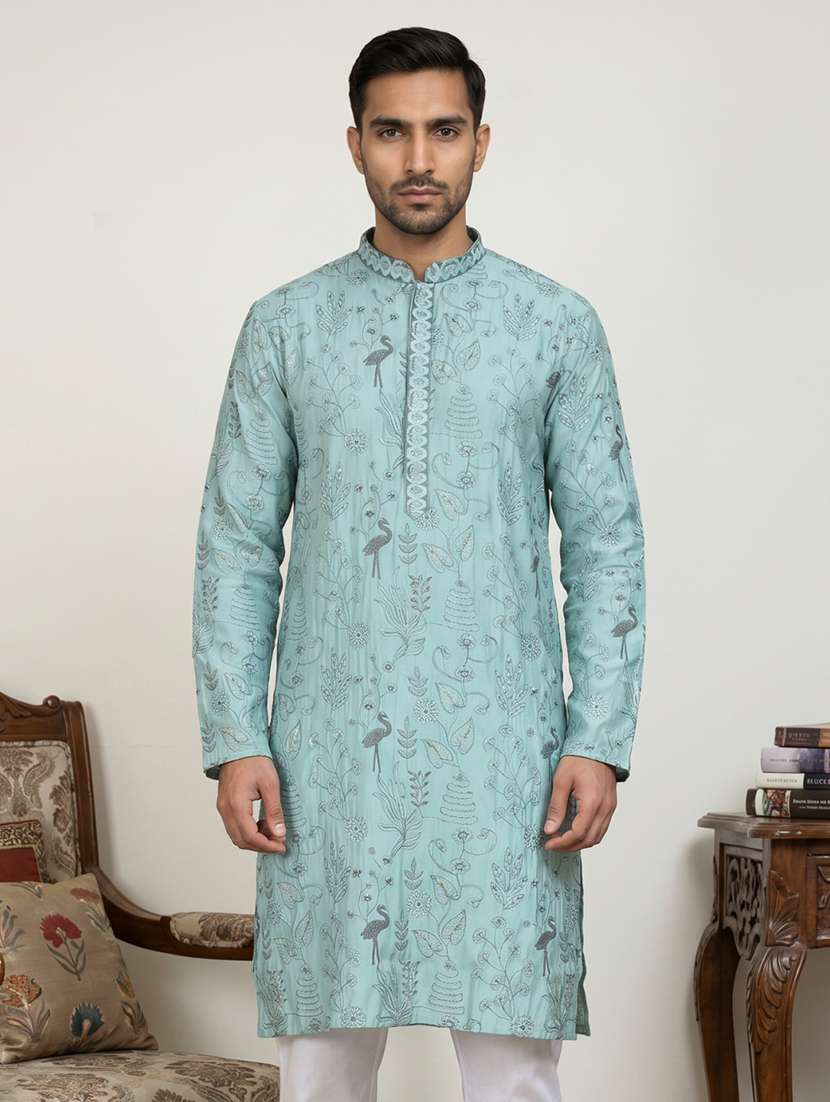 Men Embroidered Mandarin Neck Long Kurta - 22595928 -  Standard Image - 1