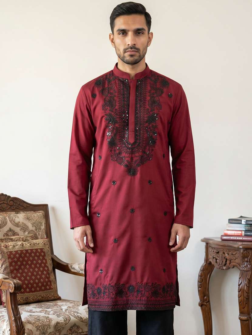 men solid with work mandarin neck long kurta - 22595941 -  Standard Image - 1