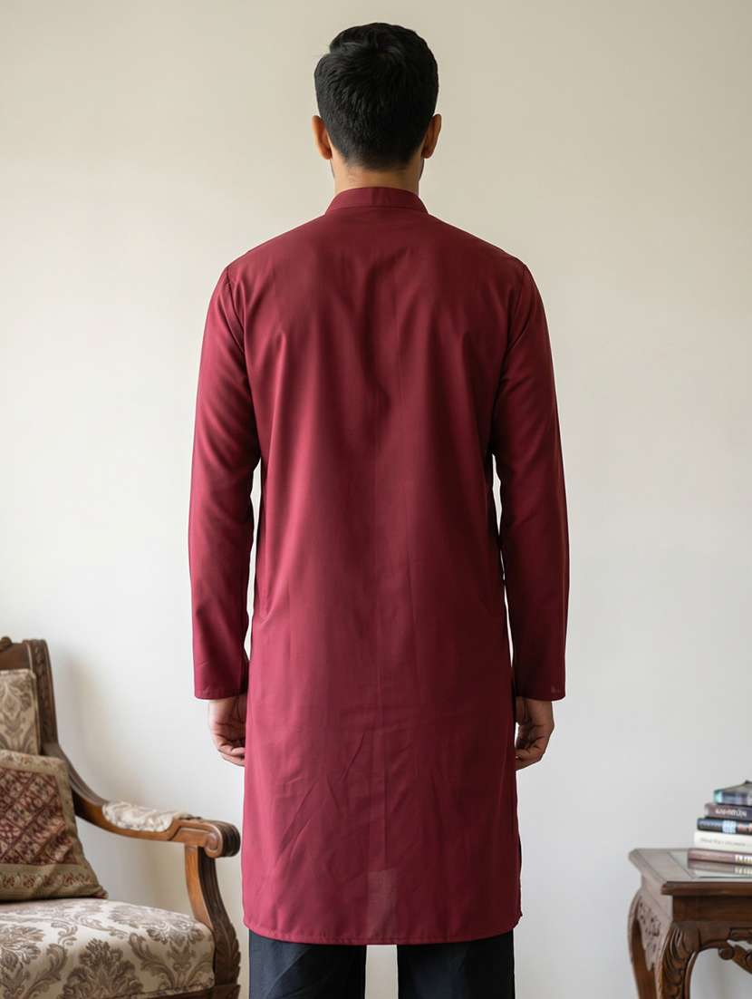 men solid with work mandarin neck long kurta - 22595941 -  Standard Image - 4