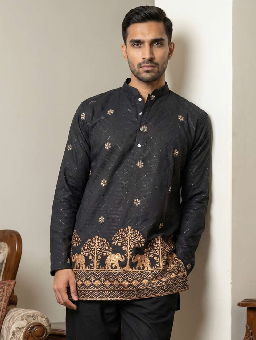 men solid with work mandarin neck short kurta