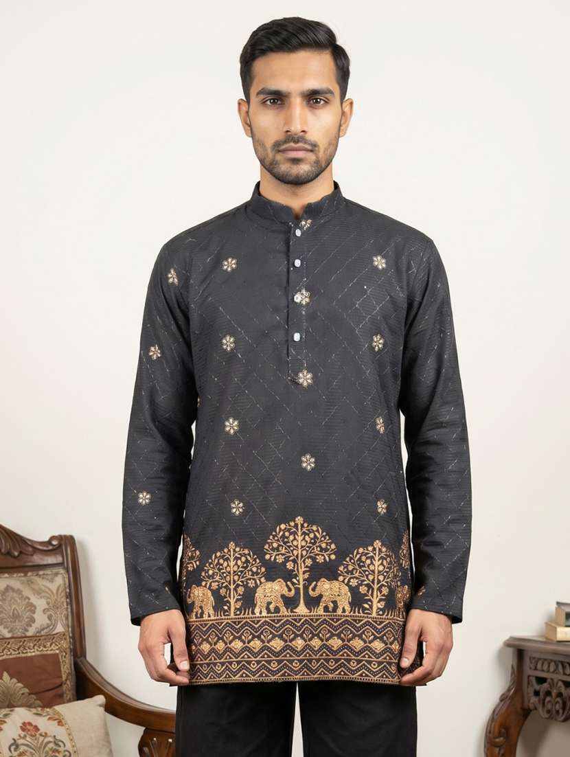 men solid with work mandarin neck short kurta - 22595944 -  Standard Image - 1