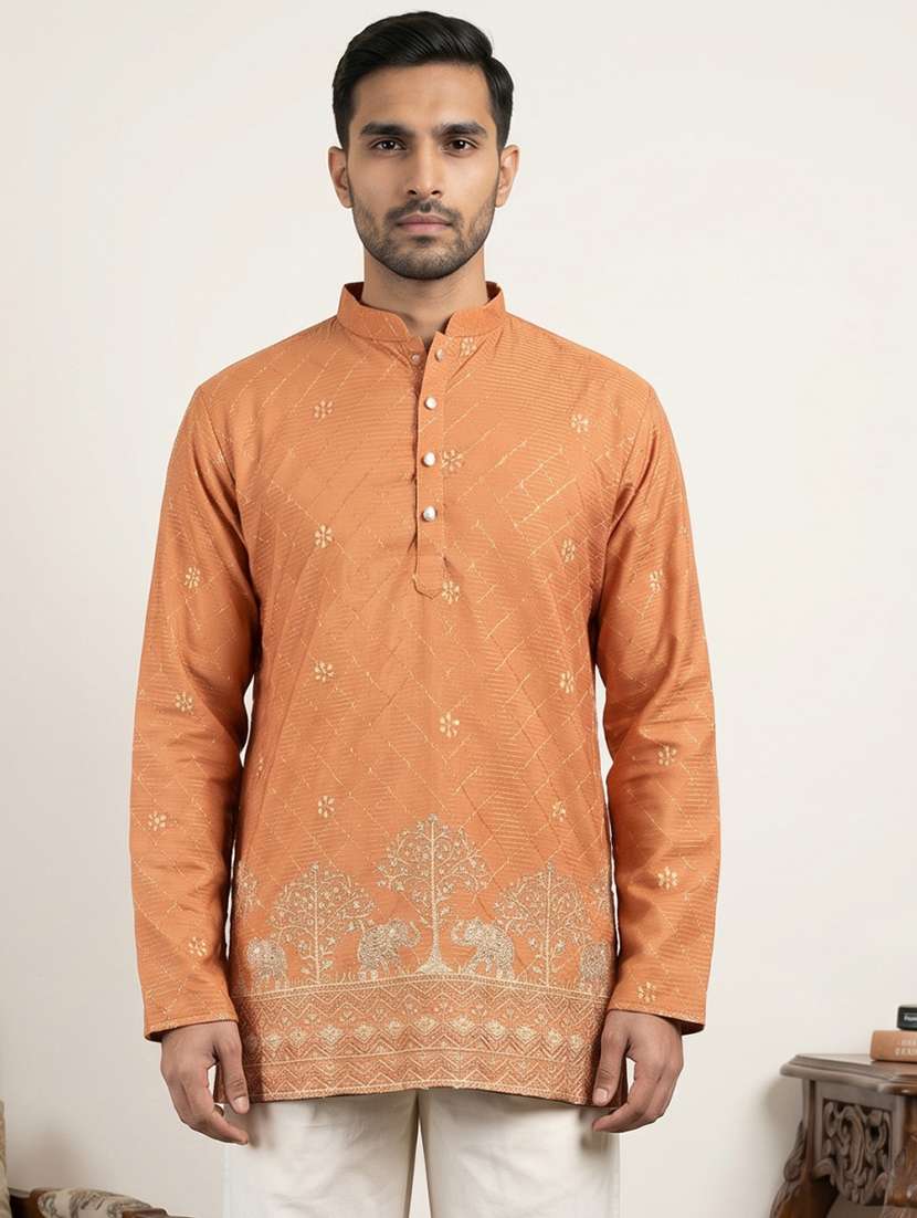 men solid with work mandarin neck short kurta - 22595945 -  Standard Image - 1