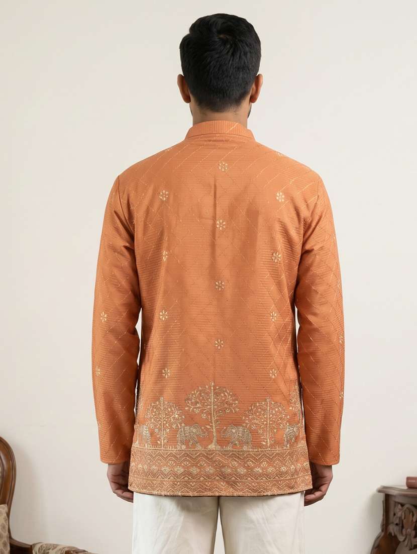 men solid with work mandarin neck short kurta - 22595945 -  Standard Image - 4