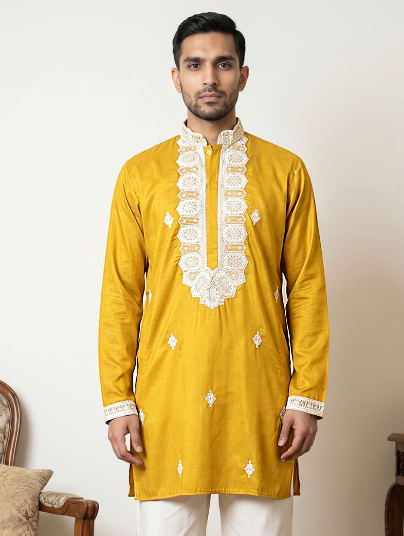 men solid with work mandarin neck short kurta - 22595947 -  Standard Image - 1