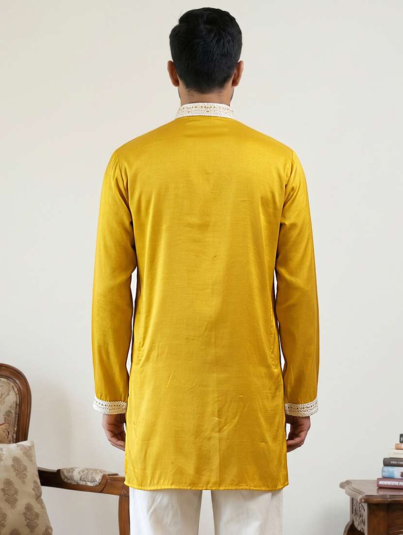 men solid with work mandarin neck short kurta - 22595947 -  Standard Image - 4