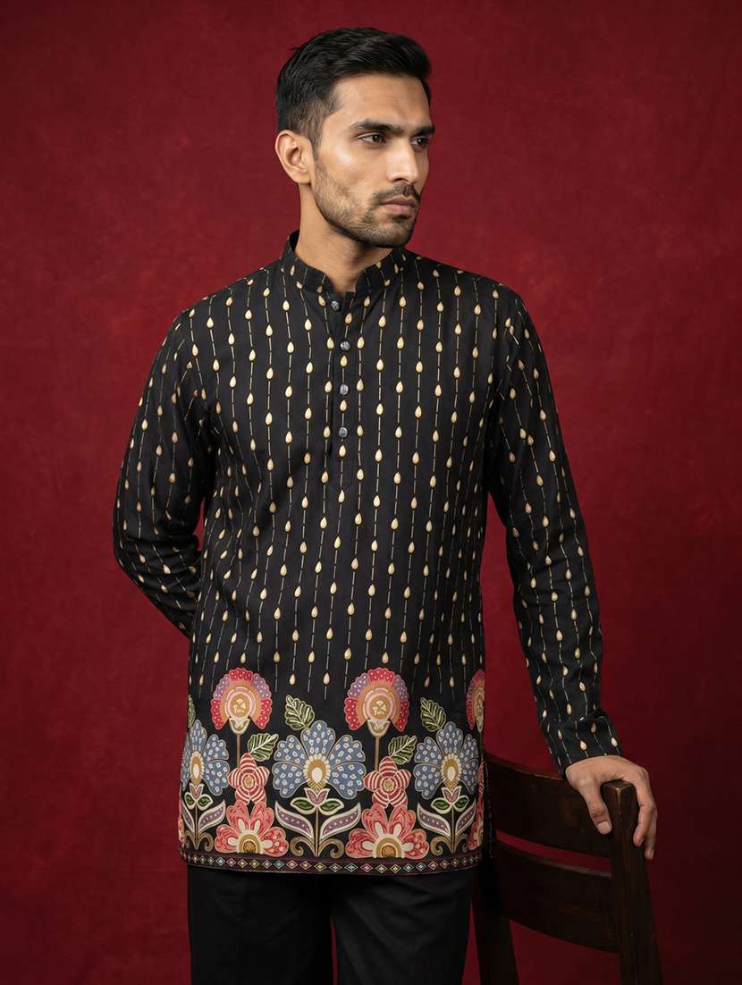 men printed mandarin neck short kurta
